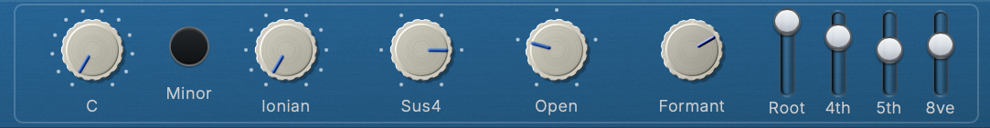 Harmonizer panel with key, scale, voicing, formant, and voice-level controls